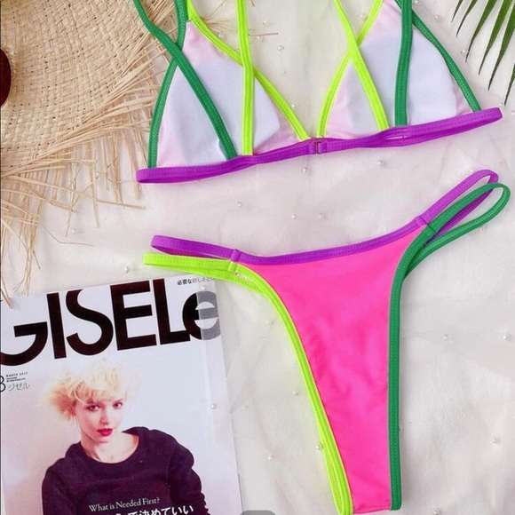 Contrast binding triangle thong bikini swimsuit - Picture 2 of 2